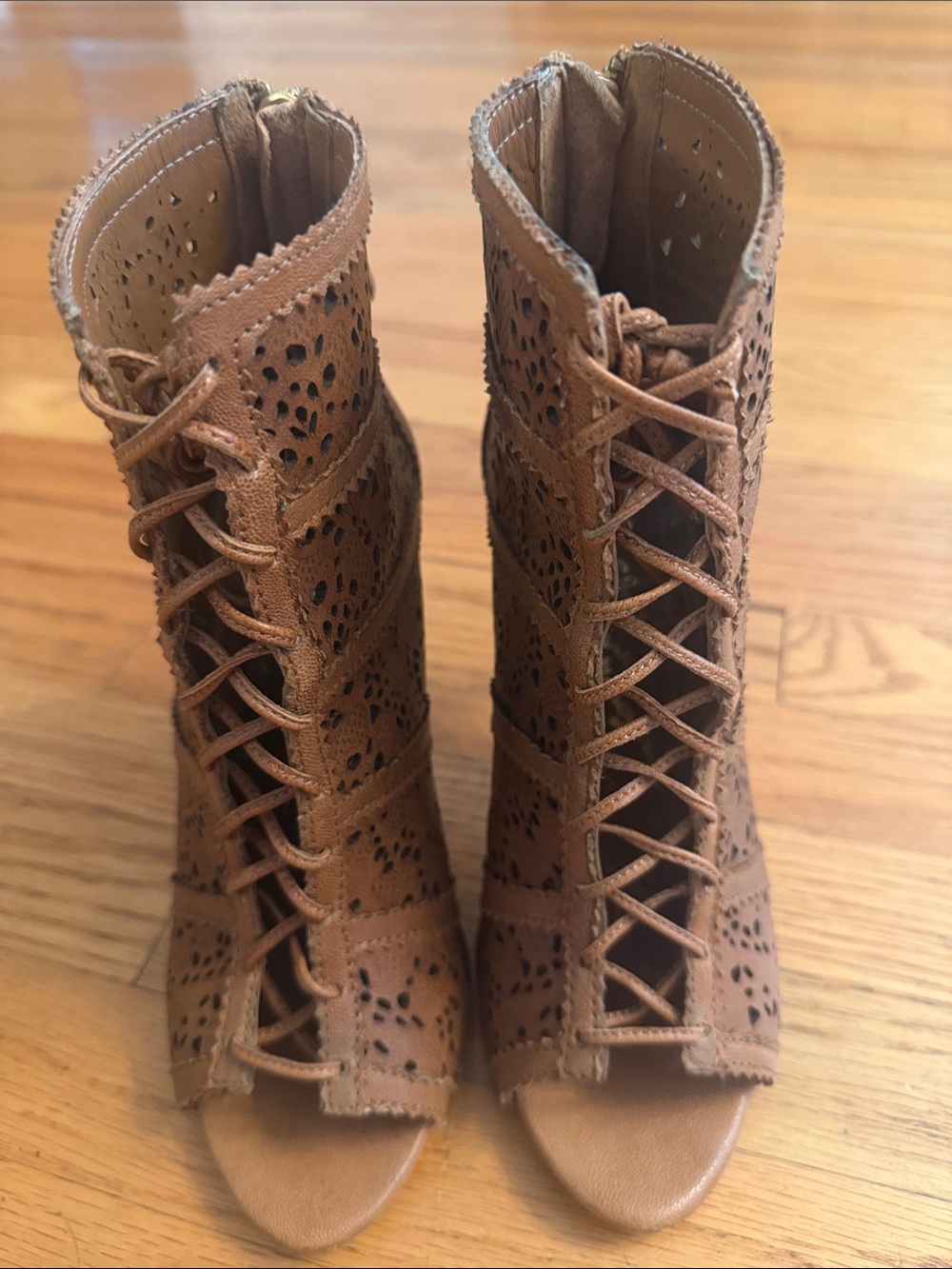 Alicia and Olivia Brown Lace-Up Peep-Toe Women's Booties